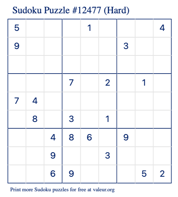 Free Printable Hard Sudoku Puzzle number 12477