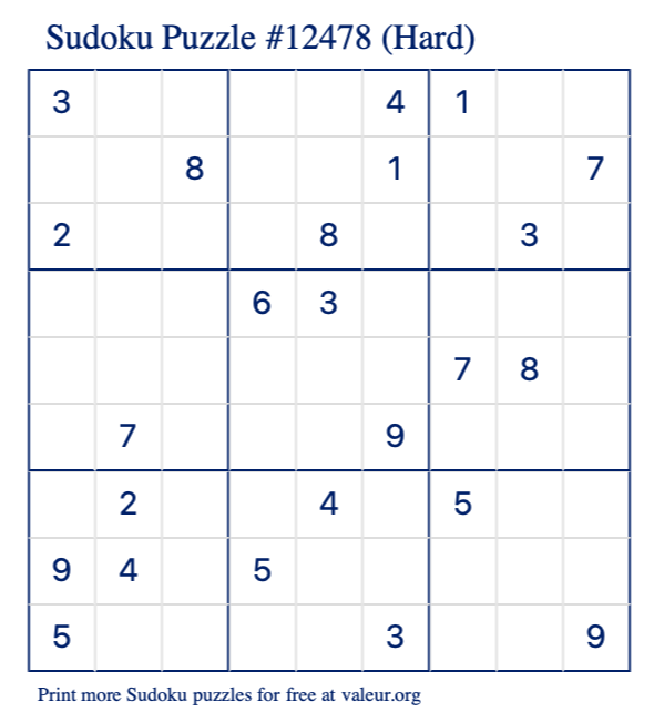 Free Printable Hard Sudoku Puzzle number 12478