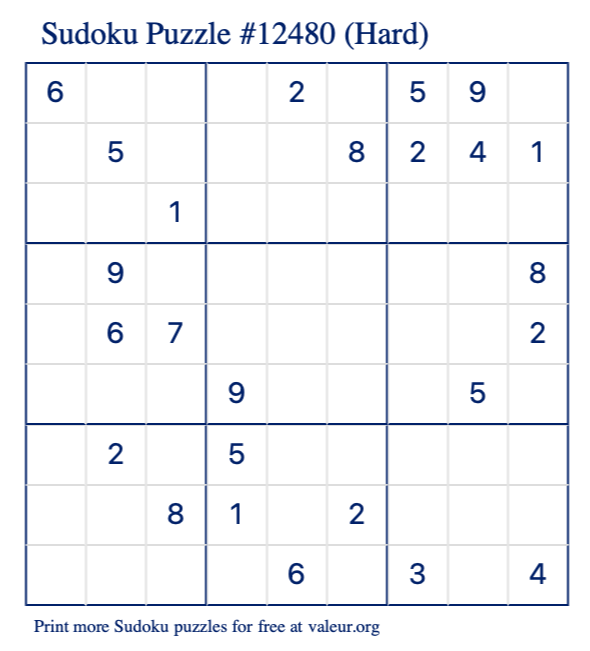 Free Printable Hard Sudoku Puzzle number 12480