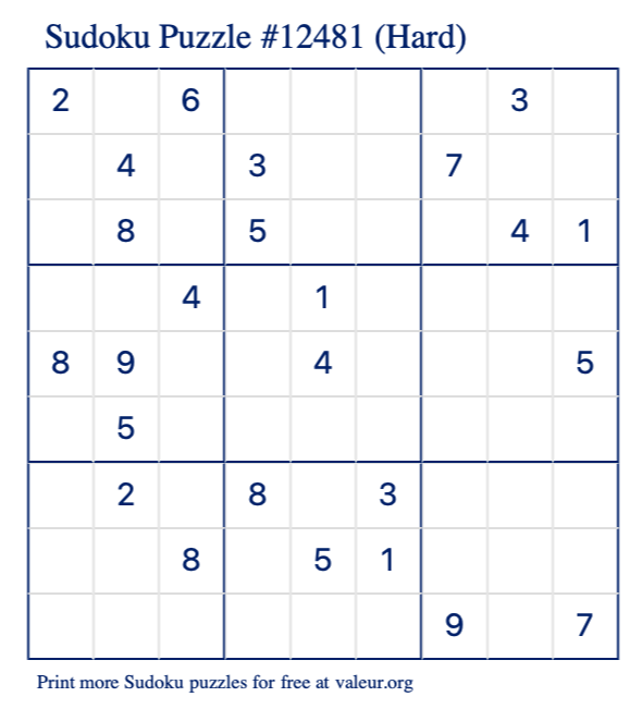 Free Printable Hard Sudoku Puzzle number 12481