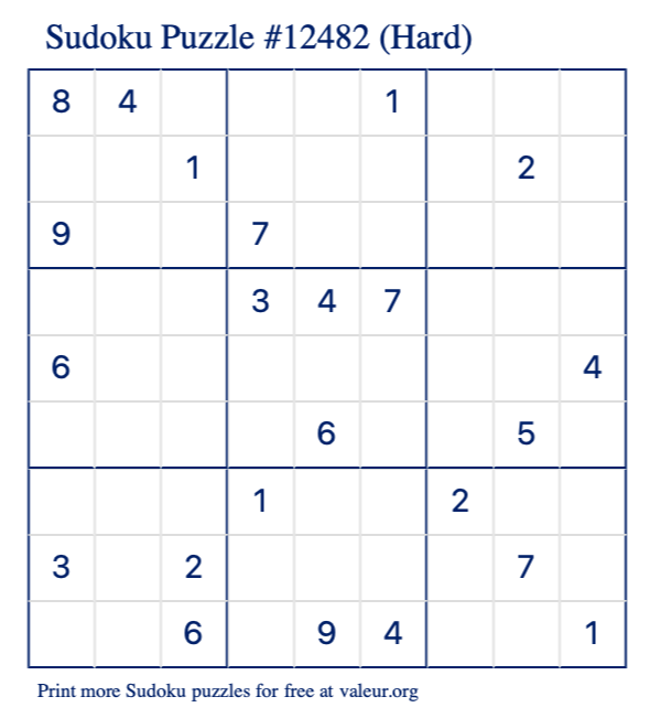 Free Printable Hard Sudoku Puzzle number 12482