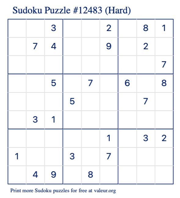 Free Printable Hard Sudoku Puzzle number 12483