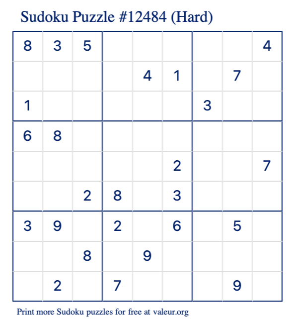 Free Printable Hard Sudoku Puzzle number 12484