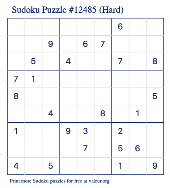 Free Printable Hard Sudoku Puzzle number 12485