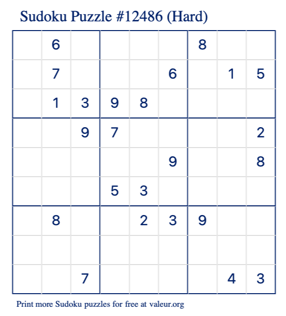 Free Printable Hard Sudoku Puzzle number 12486