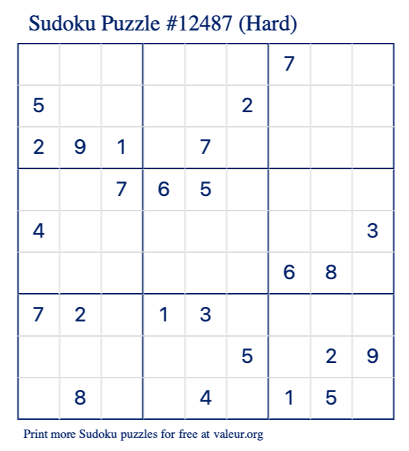 Free Printable Hard Sudoku Puzzle number 12487