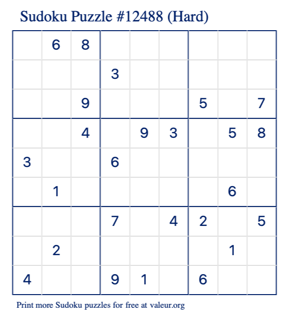 Free Printable Hard Sudoku Puzzle number 12488