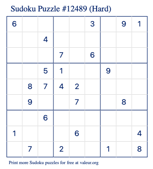 Free Printable Hard Sudoku Puzzle number 12489