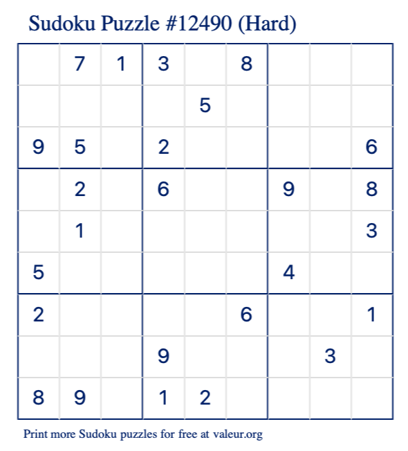 Free Printable Hard Sudoku Puzzle number 12490