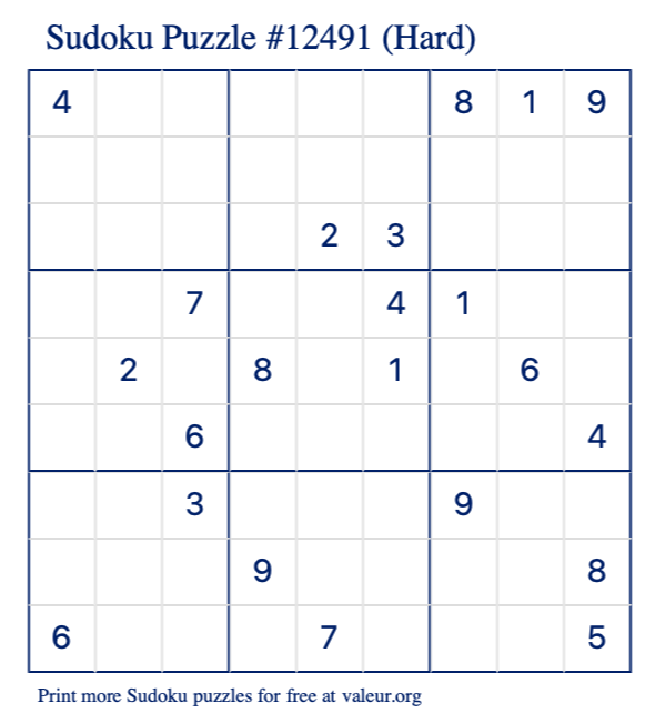 Free Printable Hard Sudoku Puzzle number 12491