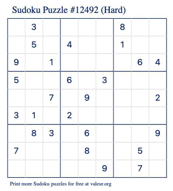 Free Printable Hard Sudoku Puzzle number 12492