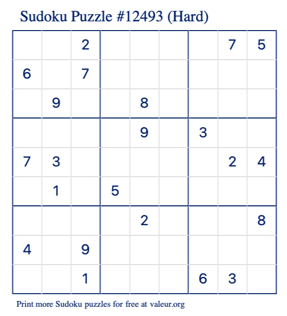 Free Printable Hard Sudoku Puzzle number 12493