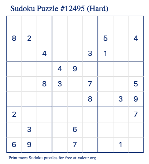 Free Printable Hard Sudoku Puzzle number 12495