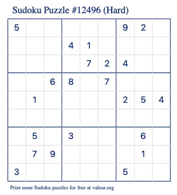 Free Printable Hard Sudoku Puzzle number 12496