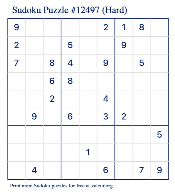 Free Printable Hard Sudoku Puzzle number 12497