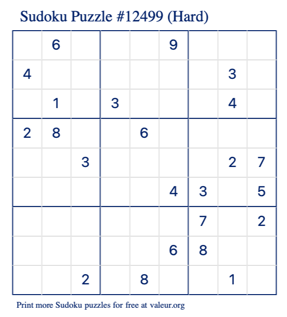 Free Printable Hard Sudoku Puzzle number 12499