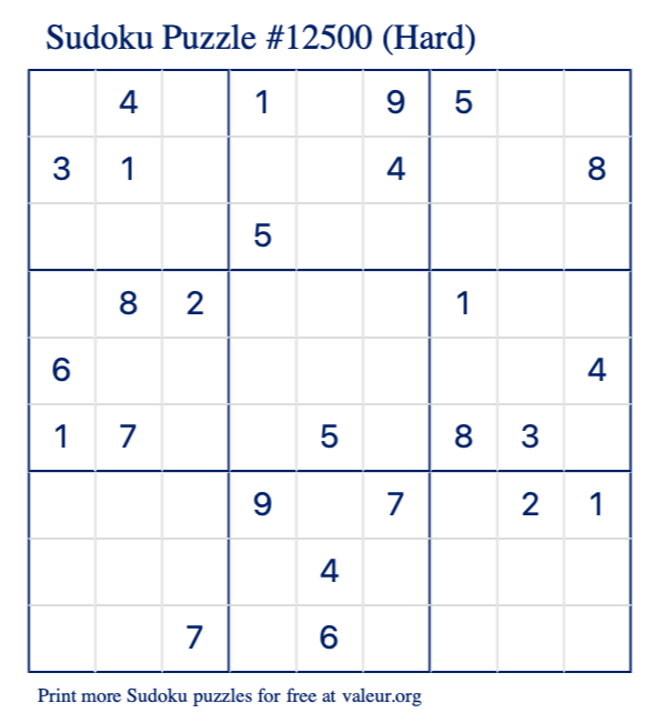 Free Printable Hard Sudoku Puzzle number 12500
