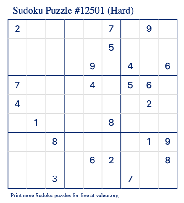 Free Printable Hard Sudoku Puzzle number 12501
