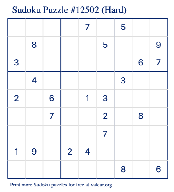 Free Printable Hard Sudoku Puzzle number 12502