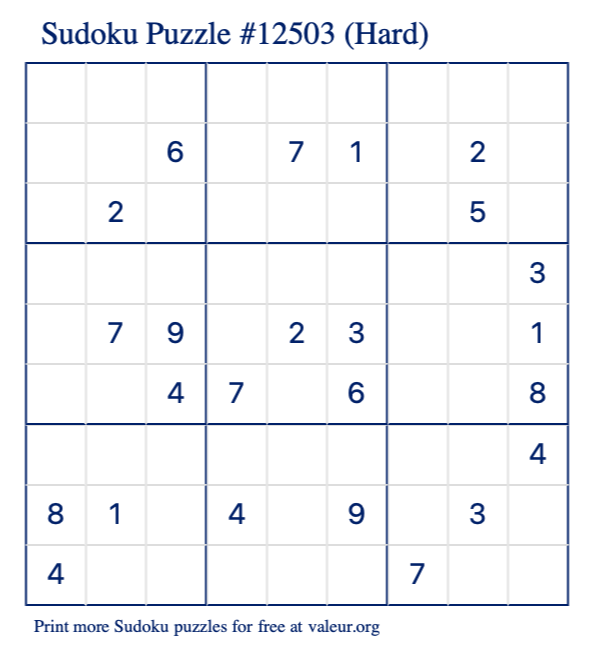 Free Printable Hard Sudoku Puzzle number 12503