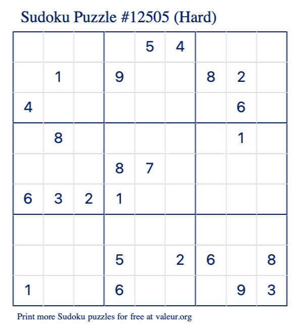 Free Printable Hard Sudoku Puzzle number 12505