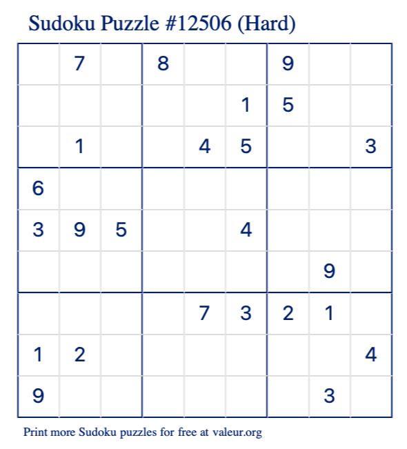 Free Printable Hard Sudoku Puzzle number 12506