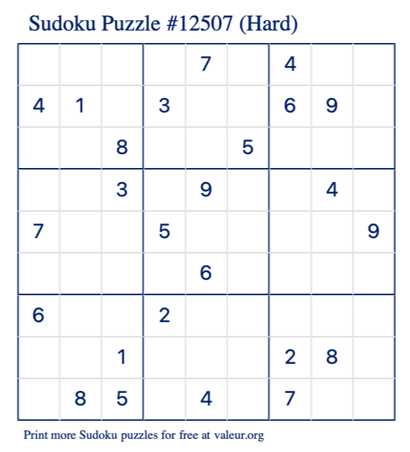 Free Printable Hard Sudoku Puzzle number 12507