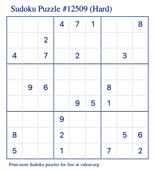 Free Printable Hard Sudoku Puzzle number 12509