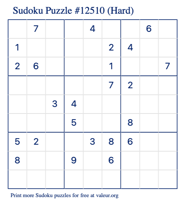 Free Printable Hard Sudoku Puzzle number 12510