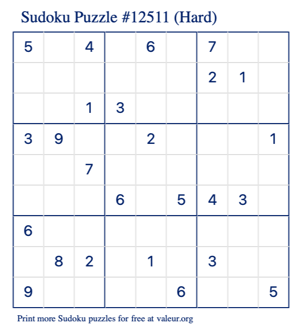 Free Printable Hard Sudoku Puzzle number 12511