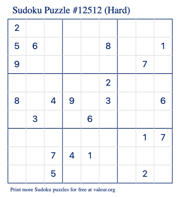 Free Printable Hard Sudoku Puzzle number 12512