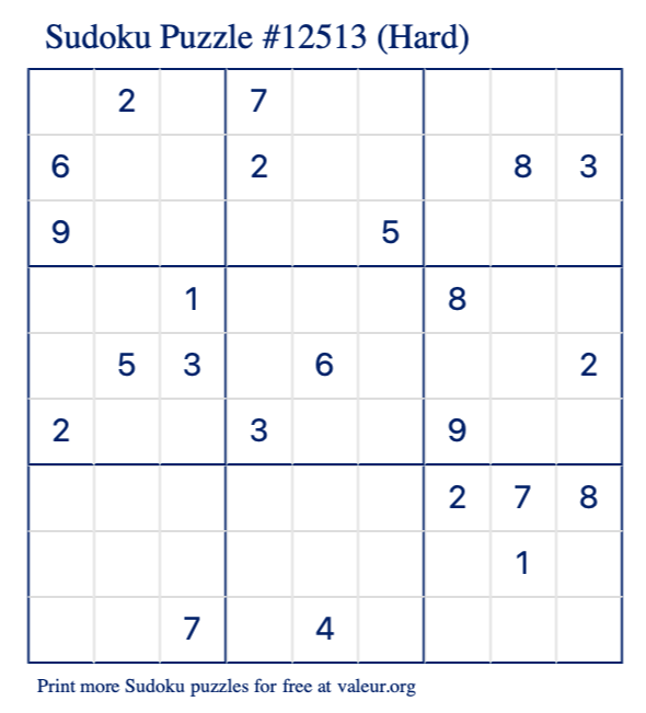 Free Printable Hard Sudoku Puzzle number 12513