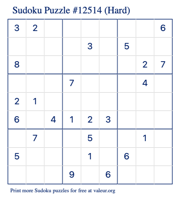 Free Printable Hard Sudoku Puzzle number 12514