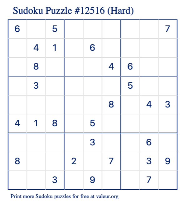 Free Printable Hard Sudoku Puzzle number 12516