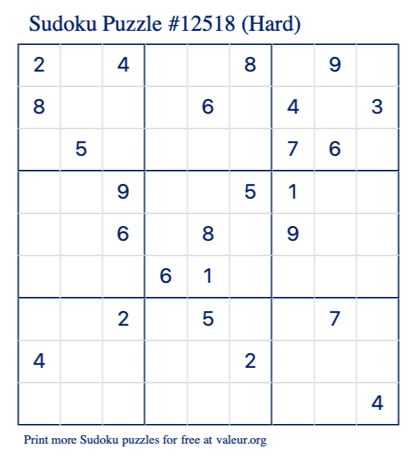 Free Printable Hard Sudoku Puzzle number 12518