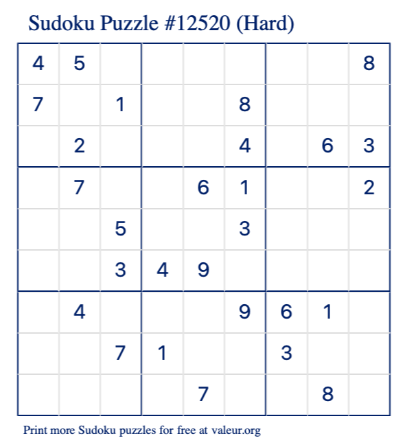 Free Printable Hard Sudoku Puzzle number 12520