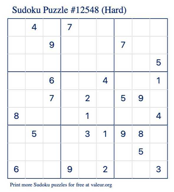 Free Printable Hard Sudoku Puzzle number 12548