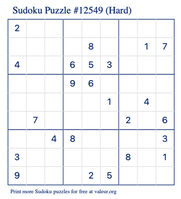 Free Printable Hard Sudoku Puzzle number 12549