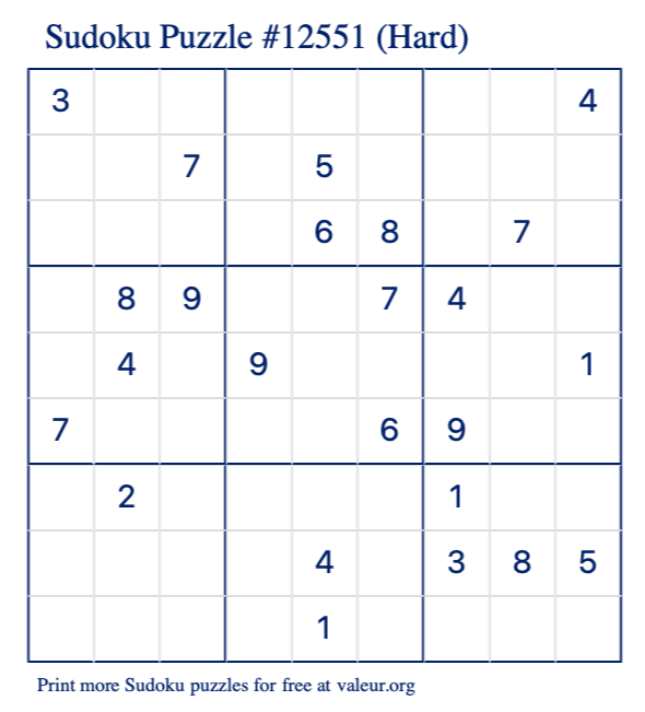 Free Printable Hard Sudoku Puzzle number 12551