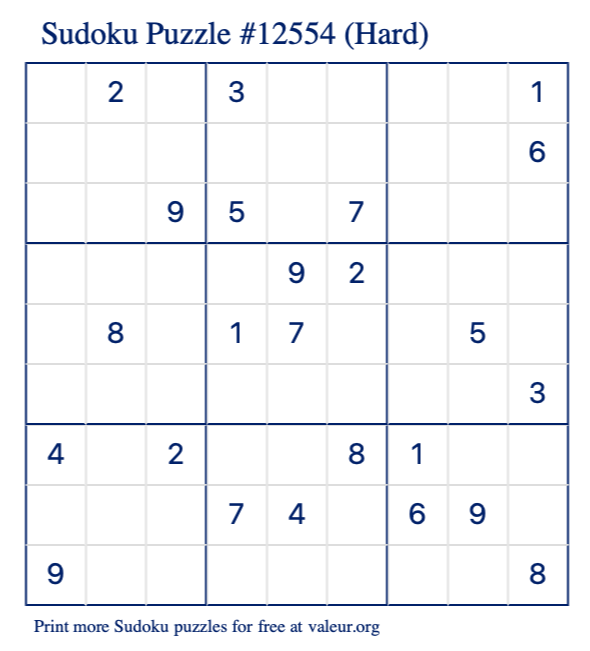 Free Printable Hard Sudoku with the Answer #12554 Free Printable Hard Sudoku with the Answer #12554