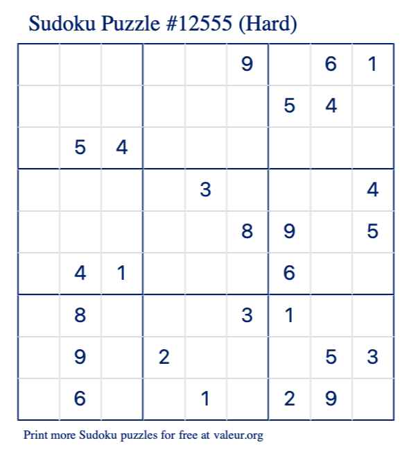 Free Printable Hard Sudoku Puzzle number 12555