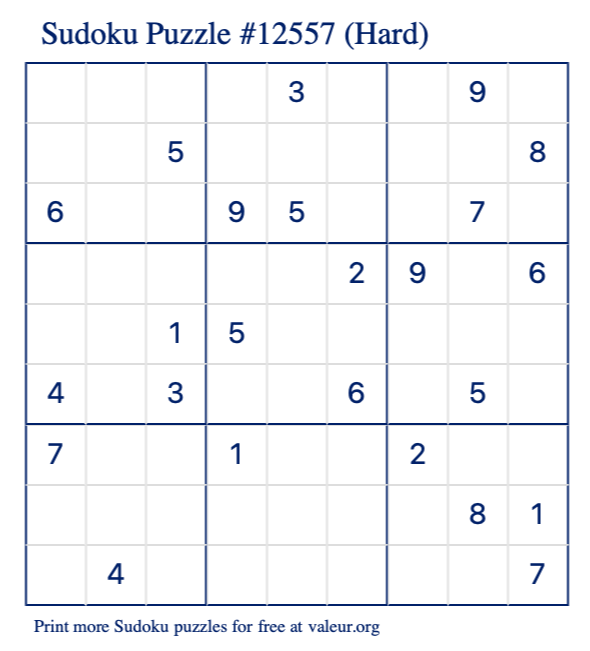 Free Printable Hard Sudoku Puzzle number 12557
