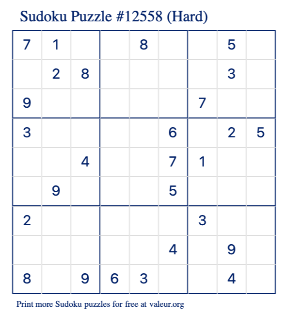 Free Printable Hard Sudoku Puzzle number 12558