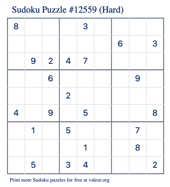Free Printable Hard Sudoku Puzzle number 12559
