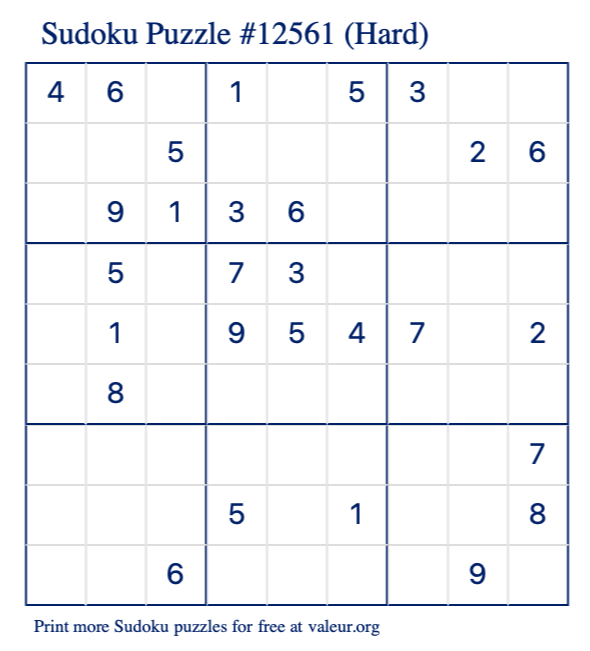 Free Printable Hard Sudoku Puzzle number 12561