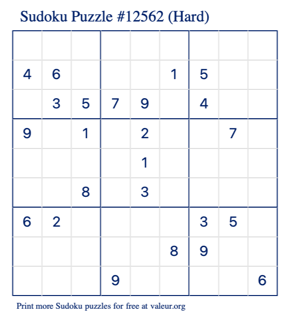 Free Printable Hard Sudoku Puzzle number 12562