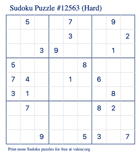 Free Printable Hard Sudoku Puzzle number 12563