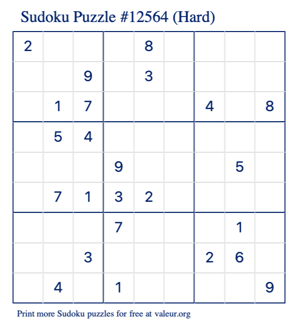 Free Printable Hard Sudoku Puzzle number 12564