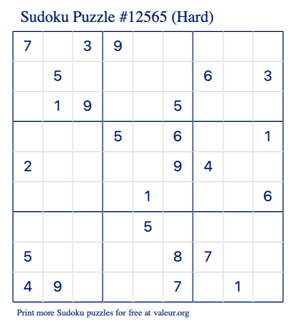 Free Printable Hard Sudoku Puzzle number 12565