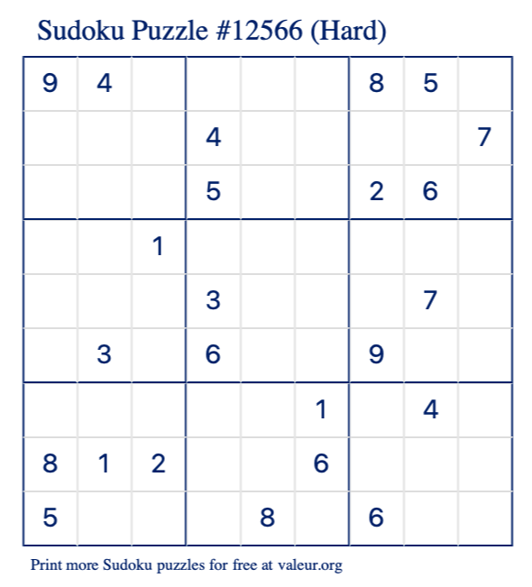 Free Printable Hard Sudoku Puzzle number 12566